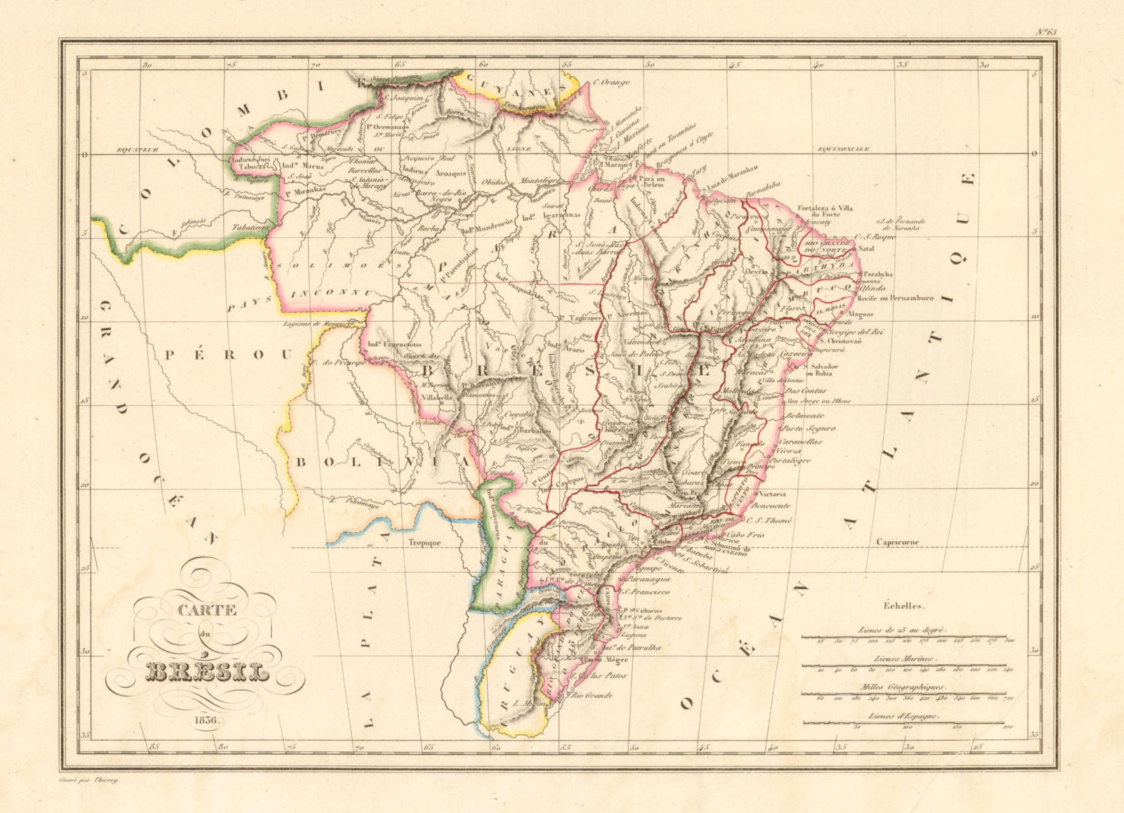 'Carte du Brésil' by Malte-Brun. Brazil, Uruguay & Paraguay 1836 old map